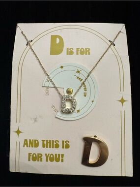 Letter D Initial Rhinestone Pendant Necklace Silver Tone w/ Gift Card